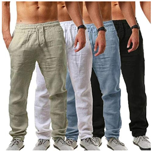 Men's Plain Cotton Linen Trousers Summer Casual Pants Lightweight Breathable Wide Leg Drawstring Elastic Waist Loose Fit for Workout Running Jogging