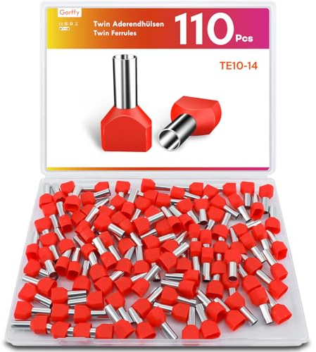 Gorffy 110 Stück Twin Aderendhülsen 10mm² Rot, Isoliert 14mm Set | Doppel Aderendhülse Doppelt Set, Zwillingaderendhülsen, Aderendhülsen 10mm² x 14mm, für Drahtverbindung