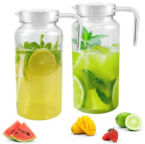 Plastic Pitcher with Lid and Handle, ADERTOS 2 Pack 1.25 Litre Clear Water Pitcher Unbreakable Beverage Pitchers Transparent Juice Container Fridge Door Jug for Milk Juice Iced Tea Lemonade (BPA-Free)