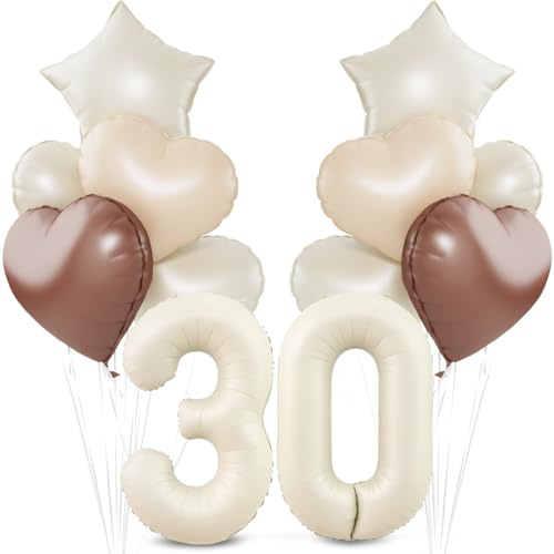 Beige Luftballon 30.Geburtstag,Cremeweiß 30. Geburtstag Ballon Deko,XXL 40 Zoll luftballon 30.，Beige Aprikose Braun Herz Stern Folienballons，für 30 Jahre Geburtstagsdeko Jubiläum Party Dekoration