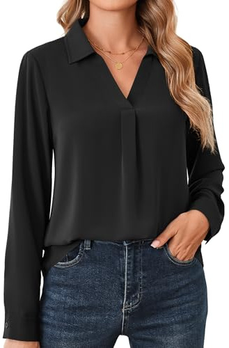 Beluring Langarmshirt Damen Elegant V-Ausschnitt Hemdbluse Langarm Bluse Einfarbig Arbeit Shirt