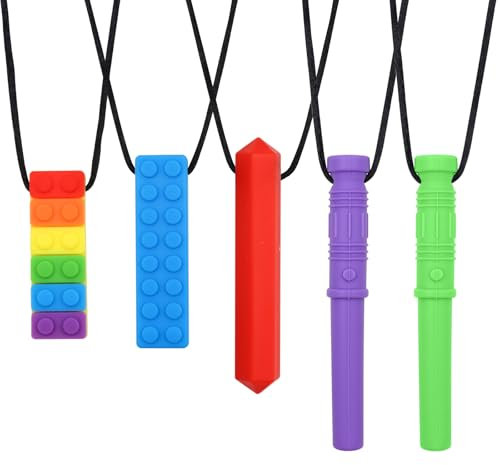 VEGCOO 5 Stück Sensory Chew Halskette, Gute Flexibilität Sensorisches Kauspielzeug, Silikon Kauen Anhänger Stick Autismus Kauspielzeug für Kinder, Kaukette für Jungen Mädchen