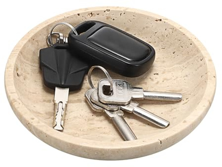 OLegei Piatto per anelli, vassoio per gioielli in travertino, beige naturale, ciotola decorativa, vassoio portaoggetti per chiavi e orecchini, comodino 14 x 2,5 cm