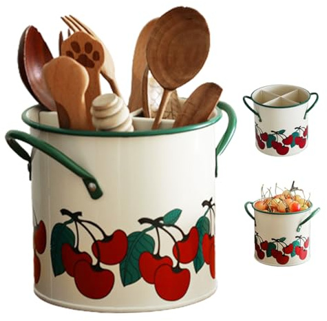 Küchenutensilienhalter Vintage Cherry Lackierter Utensil Caddy mit abnehmbarem Teiler 4 Fach Eisenssil Organizer mit Abflussloch Retro Küchenzubehör
