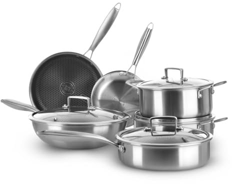 Batería de ollas Tri-ply, Set de ollas y sartenes de acero inoxidable de triple capa, Ollas antiadherentes para inducción y todos los tipos de cocina, aptas para horno hasta 220 °C. (10 piezas)