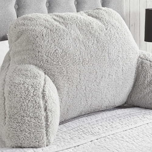 OHS Teddy Fleece Back Support Cushion, Reading Pillow Soft Cosy Cuddle Cushion for Bed Teddy Pillow with Arms Bed Seat for Relaxing Working from Home - Silver