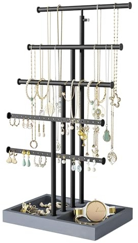 Love-KANKEI Présentoir à bijoux - Organisateur de bijoux - Porte-bijoux - Présentoir à bijoux - Rangement pour colliers, boucles d'oreilles, bagues, montres, bracelets - Noir et gris