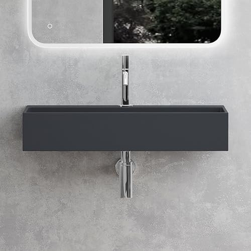 Mai & Mai Lavabo Suspendu Vasque à Poser Gris Noir Mat 80x40x14cm Évier Lave Mains Salle de Bain avec Cache Bonde Col6028