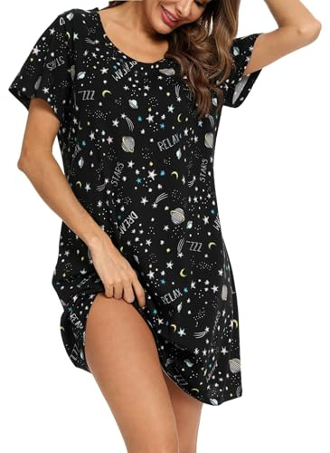 MIA LUCCE Women's Nightdresses & Nightshirts, Soft Cotton Short Sleeve Nighties for Women Fashion Print Lightweight Ladies Nightwear Casual Sleepshirt Nightgown(Black Star,XX-Large)