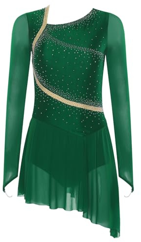 TiaoBug Damen Asymmetrische Eiskunstlauf Kleider mit Glitzer Ballettkleid Langarm Tanzkleider Gymnastik Turn Body mit Tutu Rock Grün S