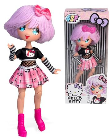 Hello Kitty Manga Doll Teddy Rock, japanische Modepuppe mit modischen Manga-Outfits, 19,5 cm Figur mit 15 Gelenkpunkten, Violettes Haar, inklusive Zubehör, berühmt (HKTF0100)