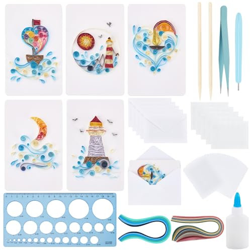 WEBEEDY 20 Set Paper Quilling Kit Für Erwachsene Anfänger 5 Stile Leuchttürme Boote Wellen Liebe Thema Quilling Grußkarten Bastelset Mit Anleitung