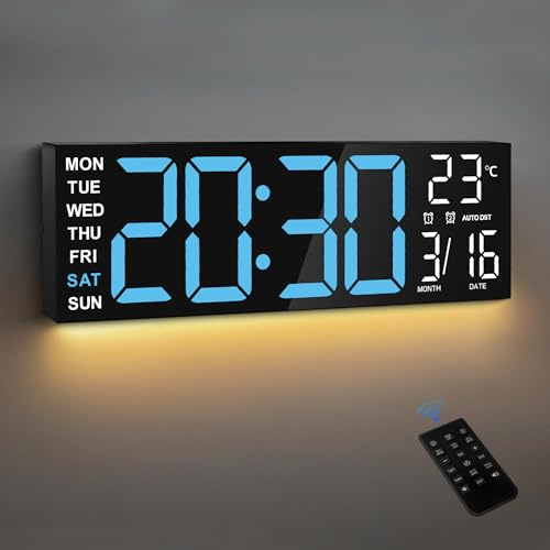 Maxstar 16 Orologio da parete digitale grande con display LED e telecomando a 8 RGB,rumori allarmi doppi,DST,temperatura,data,luce notturna per camera da letto/ufficio/soggiorno/palestra/sala giochi