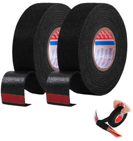 KEQAR 2 Pezzi Nastro Adesivo in Tessuto, Nastro Isolante Telato, Nastro per Cablaggi Elettrici Resistente Alle Alte Temperature, Nastri Adesivi per Auto e Adesivo per Tessuti (19 mm x 20 m) (Nero)