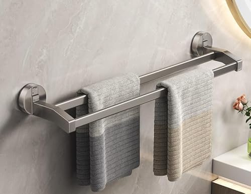 Porte-serviettes mural avec ventouses – 60 cm – Double porte-serviettes en aluminium pour salle de bain, cuisine et toilettes – Porte-serviettes peu encombrant