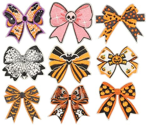 HEYTRCO 9PCS Cute Bow Iron on Patches, Pumpkin Bat Spider Web Embroidered Patches for Clothes, Halloween Ribbon Applique for Kids, Hats, Jeans, Jackets, Bags, Backpacks