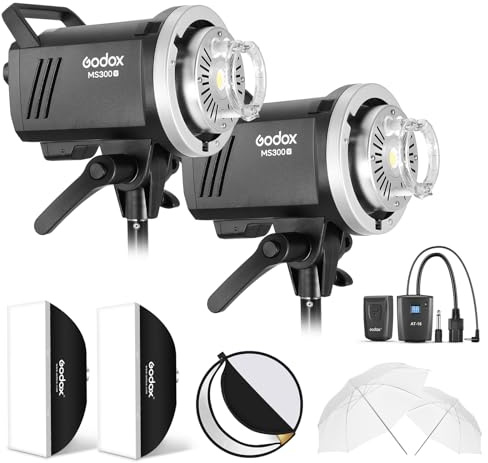 Godox MS300V Studio Flash kit，2xsoftboxes, 2xumbrellas，1xreflector，1xAT-16 Trigger，2x2.4G monolights (with Bowens Mount),Suitable for Studio, Portrait and Fashion Photography.