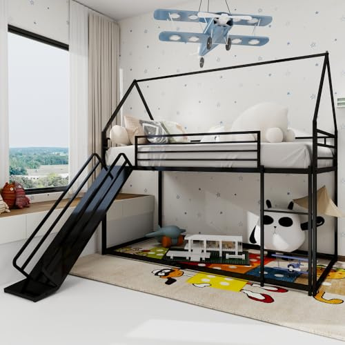 Lit superposé enfant simple 90x190,lit mezzanine 2 places lit superposé 2 places,cadre de lit cabane enfants avec toboggan pour chambre d'enfant,en forme de maison avec échelle (Noir,90*190)
