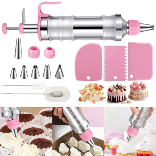 TeamSky Kit de 14 seringues de décoration de gâteaux avec 6 douilles en acier inoxydable et brosses de nettoyage - Distributeur de crème réutilisable pour glaçage, cupcakes et biscuits (rose)