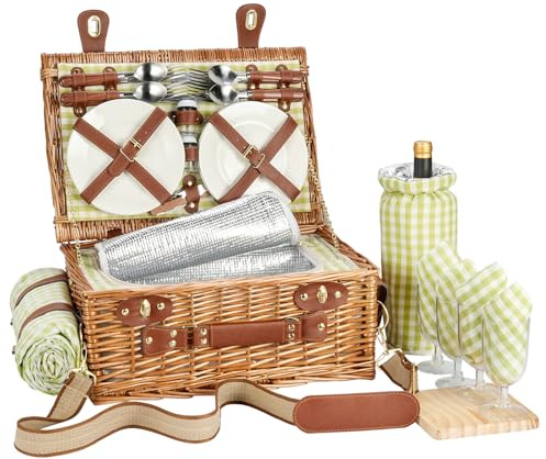 DHAEE Juego de cesta de picnic de mimbre para 4 personas con compartimento enfriador y manta de picnic impermeable, correa extraíble, bolsa de vino, juego de cubiertos, para camping, viajes de un día