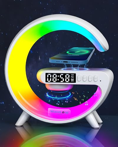 Waveloop Speaker Alarm Clocks for Bedrooms with Wireless Charging and G Bluetooth Speaker, Sunrise Wake Up Light RGB Night Lamp, 4-Button Bedside Alarm Clock for Bedroom Time Display, USB-C