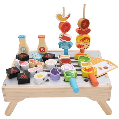 Generic Ensemble de Jeu de Barbecue en Bois pour Enfants avec Brochettes Réalistes et Accessoires de Gril, Jeu de Rôle Interactif pour Apprendre Les Processus de Cuisson