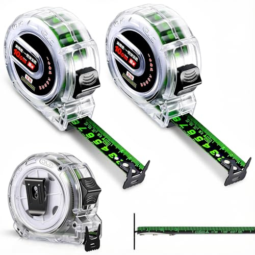 Hahorpa 2 Cintas Metricas 10m × 25mm, Fluorescente Autoblocante Metro con Clip de Cinturón y Cordón, Flexometro Impermeable de 10m, Cinta Métrica para Carpintería, Construcción y Hogar (Solo Métrico)
