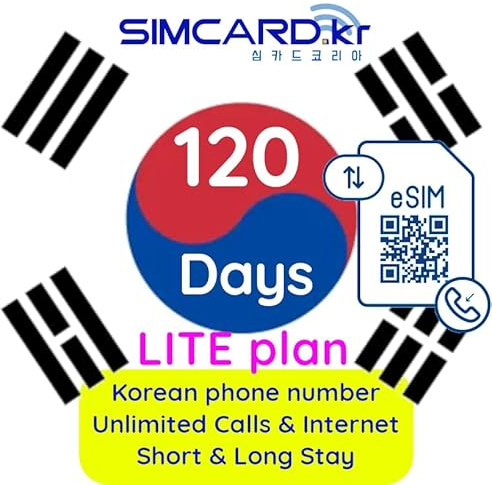 eSIM Korea Lite avec numéro de téléphone portable coréen : appels et navigation illimités – eSIM prépayée pour la Corée (120 jours)