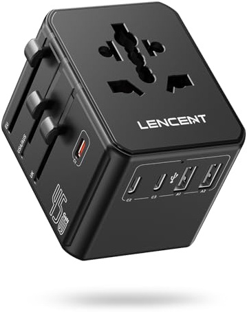 LENCENT Adaptador Enchufe Universal PD 45W, Cargador Internacional con 3 USB-C+2 USB-A, Adaptador de Viaje para Alemania, Estados Unidos, Reino Unido, Irlandia, Japón, Australia y más de 150 Países
