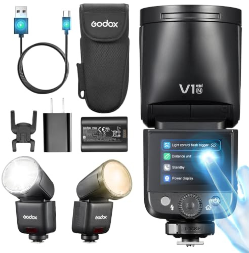 Godox V1 MID N Blixt för Nikon, 55W Runt Huvud med Touchskärm, 24mm Optik, 650+ Blixtar på Full Effekt, Återladdning 1.7s, TTL/HSS 1/8000s, Magnetisk AK-R1 för Nikon Zf Z6II Z8 D850 (V1MID N)