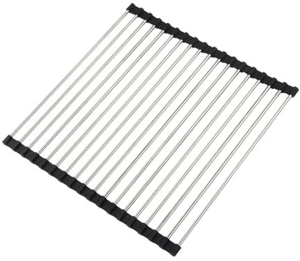 Roll up Dish Drying Rack Foldable Stainless Steel Dish Drainer Roll Up Drying Rack Shelf Kitchen Sink Holder Organizer Bowl Tableware Plate Storage(Black-47x30cm)