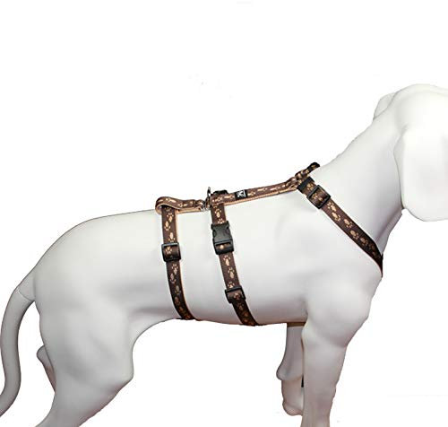 Hoffmann No Exit ausbruchsicheres Hundegeschirr für Angsthund, Sicherheitsgeschirr für Pflegehunde, Panikgeschirr, braun mit beigen Pfötchen, Bauchumfang 70-90 cm, 25 mm Bandbreite