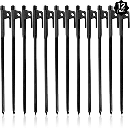 12 Stück Zeltheringe, strapazierfähig, Metall-Zeltheringe, leicht, schwarze Campingpfähle, Stahlzeltstachel, Baldachinpfähle, Zeltheringe für Auto, Camping, aufblasbare Gegenstände, Picknick