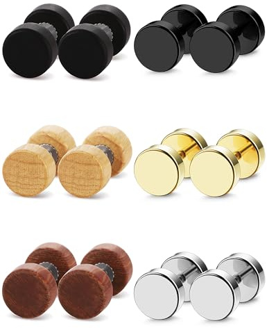 FIBO STEEL 6 Pairs Stud Earrings for Men Women - Ear Piercing Ear Plugs Tunnel 18G,6MM