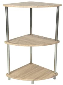Saxony® Corner Shelf Unit 3 Tier Oak Finish Corner Shelving Storage Shelves Small Bookshelf Free Standing Stainless Steel Legs Living Room Decor Stylish Indoor Furniture