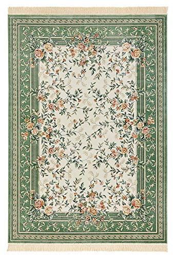 Nouristan Naveh Orient Teppich – Wohnzimmerteppich Orientalisch Kurzflor mit Fransen Vintage Orientalischer Samt-Teppich für Esszimmer, Wohnzimmer, Schlafzimmer – Creme Grün, 135x195cm