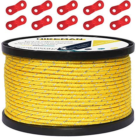 50M reflektierende Schnur Guy Seile Outdoor Zelt Führungsseil 100% Nylon Schnur Windlinie mit 10 Stück Aluminiumlegierung Spanner für Camping (Yellow, Diameter 3 mm)