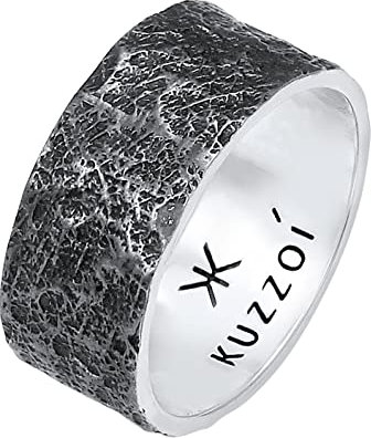 Kuzzoi Herrenring (10 mm) Massiv Handgeschmiedet, Bandring für Männer aus 925 Sterling Silber, Cooler Silberring im Used Look, Ring mit rustikaler Struktur oxidiert, Ringgröße 60, 0609652220_60