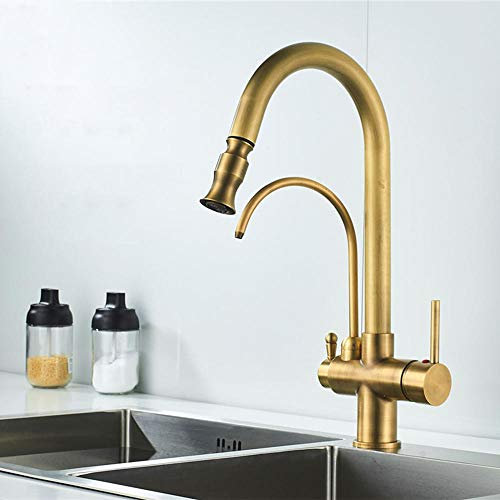 Antique 3 in 1 Kitchen Mixer Tap with Drinking Filtered Water Outlet, Pull Brass Hot and Cold 360 Degree Swivel Spout Reverse Osmosis, Kitchen Mixer Filter Tap for Under Sink