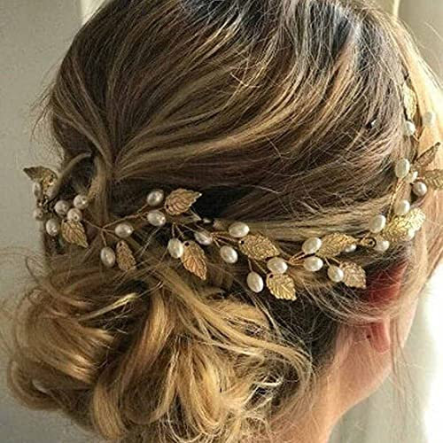Prosy Kopfbügel, Brautschmuck für Hochzeit, Haarrebe mit Blättern und Perlen, Kopfschmuck für Braut, Haarschmuck für Damen und Mädchen, Goldfarben