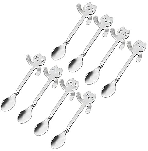 8er Set Kaffeelöffel mit Katzenköpfchen und -pfötchen als Randhalter Kaffee Löffel Kätzchen Design Teelöffel Katze Edelstahl Poliert