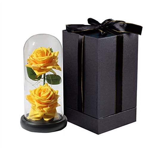 YCDZSW Cadeau Unique pour Femme- Fleurs Artificielles sous Cloche, La Belle et la Bête Rose, pour Fête des Mères Saint Valentin Anniversaire (Jaune avec boîte,13.8 * 34.3cm)