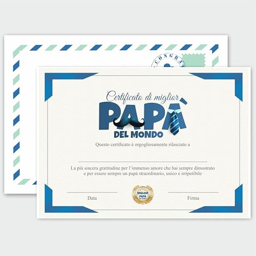 GHIBLI - Certificato “Miglior Papà del Mondo” – Attestato Personalizzato da compilare – Regalo Dolce e Raffinato per Babbo da Figlia o Figlio – Elegante Biglietto di Auguri Diploma con Busta Abbinata