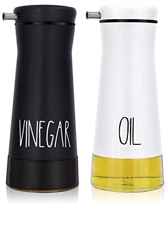 Aelga Black and White Oil And Vinegar Dispenser Set - 2 Pack Glass Oil Dispenser Bottle for Kitchen with No-Drip - Cute Farmhouse Kitchen Decor and Accessories for Home Restaurants
