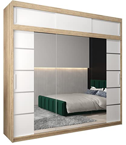 MEBLE KRYSPOL Verona 4 250 Schlafzimmerschrank Schiebetüren Schrank mit Spiegel Kleiderschrank mit Spiegel Schiebetürenschrank Kleiderschrank Schiebetüren – 250x240x62cm - Sonoma Mattweiß Verlängerung