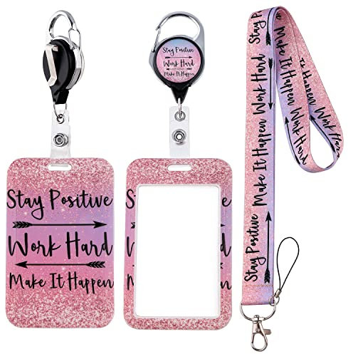 Cute Lanyard with ID Holder Pink Case and Retractable Badge Reel Clip, Glitter Arrow Motivational Keychain Key Lanyard for Women Work Nametag Teacher