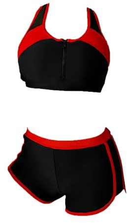 YOOJIA Dam tvådelad bikini baddräkt surfing dragkedja linne simbh push up bh med strandshorts semester, svart röd , S