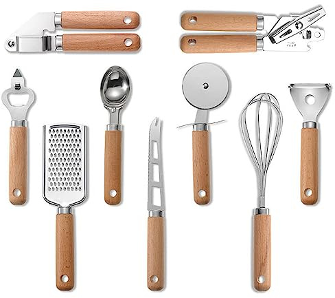 BRIIEC 9 Pieces Kitchen Gadget Set with Wooden Handle, Stainless Steel Kitchen Tools Bottle/Can Opener, IceCream Scoop, Pizza Cutter, Peeler, Garlic Press, Cheese Knife/Grater, Whisk.