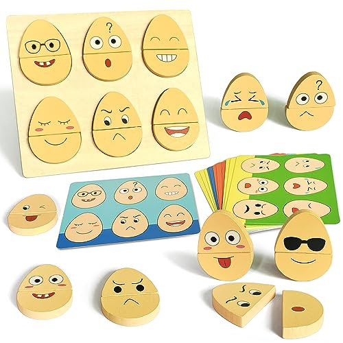 Goujfol Holzpuzzle Emoji, Montessori Spielzeug Kinder Sensorik Spiele, Holz Steckpuzzle IQ Puzzle Ausdruck Interaktion Spiel, Face Change Cube Weihnachten Geschenk für Junge Mädchen 2+