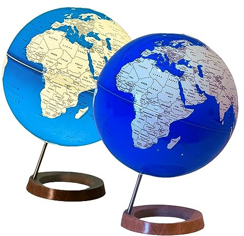 Exerz Illuminated World Globe 33cm diameter Wooden Base - Large Earth Globe Light Up - Self Assembled - Sapphire